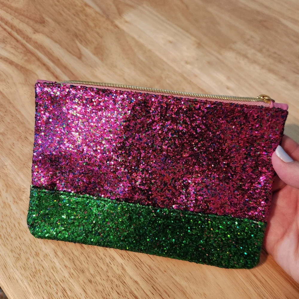 Ipsy Two-Toned Glitter Print Cosmetic Makeup‎ Pouch/Bag with Gold Ball Zip Pull